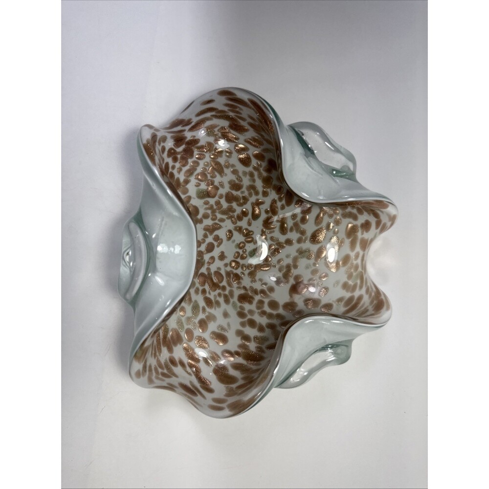 Vtg Mcm Murano Toso White Cased Glass Gold/copper Flakes Glass Bowl C1 - Picture 3 of 9